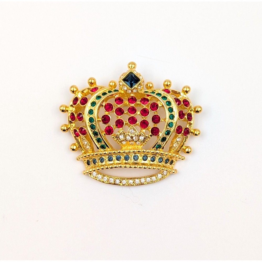 Vtg Kenneth Jay Lane Kjl Crown Brooch Pin Red Gre… - image 1